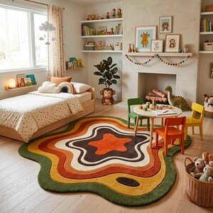 Puede incluir: Una alfombra grande de forma irregular y ondulada con capas conc&eacute;ntricas de colores verde, amarillo, naranja, marr&oacute;n y crema. La alfombra est&aacute; colocada sobre un suelo de madera clara en una habitaci&oacute;n con una cama, una mesa redonda y sillas.