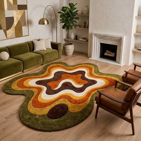 Hand Tufted Wool Area Rug: Abstract Organic Shape Green Orange Brown Vintage MCM Rug