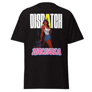 May include: Black t-shirt with a graphic of a female character with horns and a tail, holding a weapon. The word "DISPATCH" is printed in white above the character, with "MALEVOLA" in pink and blue below.