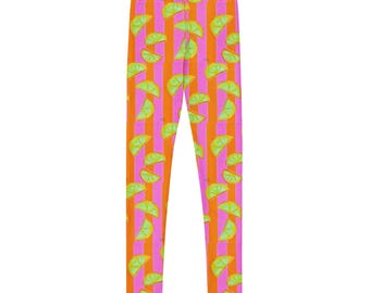 Artystka Karen Ross – młodzieżowe legginsy Fun Lemon and Pink Stripe