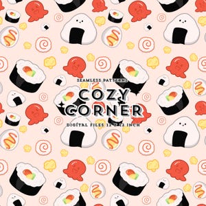 Puede incluir: Patrón sin costuras con ilustraciones de sushi, onigiri y pulpos en rojo, negro, blanco y amarillo sobre un fondo rosa claro. Se muestra el texto "COZY CORNER". Archivos digitales de 30,48 x 30,48 cm.