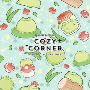 May include: A seamless pattern featuring cartoon frogs, lily pads, mushrooms, and leaves on a light blue background. The text "COZY CORNER" and "DIGITAL FILES 12 X 12 INCH" are also included in the design. The overall theme is whimsical and nature-inspired.