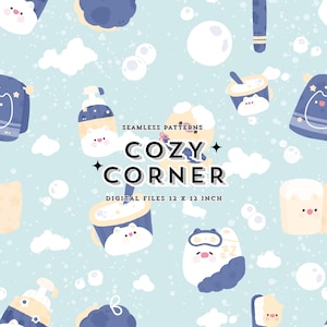 May include: Seamless pattern with a light blue background featuring cartoon illustrations of bears, clouds, moons, and cups. The text "COZY CORNER" is displayed in the center. The words "DIGITAL FILES 12 X 12 INCH" are also visible.