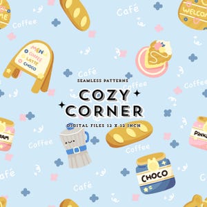 Cozy Coffee Shop Seamless Pattern | Breakfast Digital Paper | Planner Stickers Background | Whimsical Kitchen Fabric Design | French Bakery