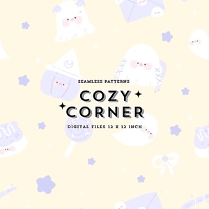 Puede incluir: Un diseño de patrón sin costuras con lindos fantasmas de dibujos animados, estrellas y otros elementos caprichosos en suaves colores pastel. El texto "COZY CORNER" se muestra en una fuente lúdica, con "DIGITAL FILES 12 X 12 INCH" debajo.