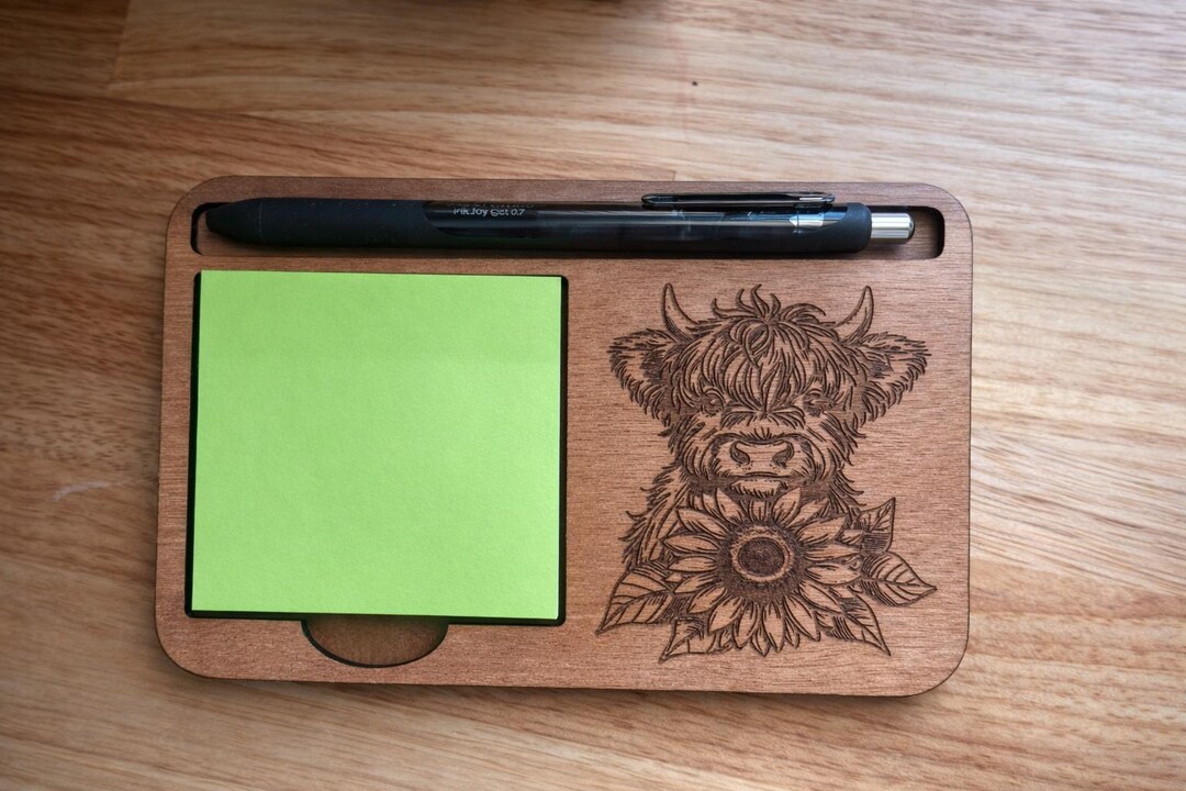 Rustic Sticky Note Engraved Highland Cow Sticky Note Holder | Rustic Wooden Desk Organizer ...