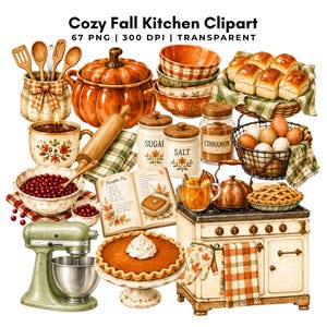 May include: A collection of fall-themed kitchen clipart featuring a pumpkin-shaped pot, a green stand mixer, a cookbook open to a pumpkin pie recipe, ceramic bowls, a basket of eggs, a stove, and various baked goods like bread and pies.