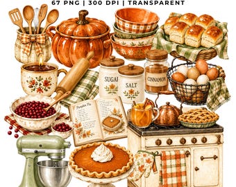 67 Cozy Fall Kitchen Clipart | Watercolor Autumn Baking PNG | Pumpkin Pie Harvest Kitchen, Thanksgiving
