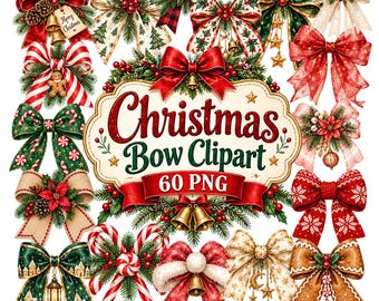 60 Christmas Bows Clipart | Holiday Ribbon PNG | Festive Bow Graphics & Sticker Design