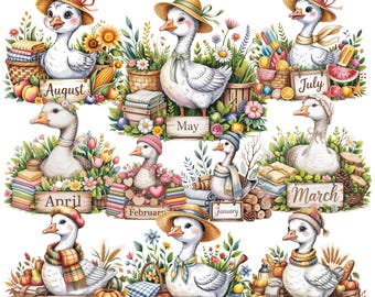 季節のガチョウカレンダークリップアート 36 PNG | 居心地の良いコテージスタイル | デジタルステッカー | 300 DPI