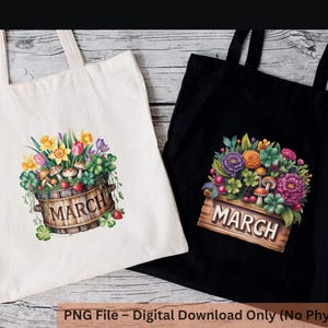 May include: Two tote bags, one white and one black, each featuring a watercolor illustration. The illustrations depict a wooden bucket overflowing with flowers, mushrooms, and clovers, with the word "MARCH" on a wooden sign.