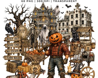 60 Retro Halloween PNG Bundle | Vintage Halloween Clipart | Creepy Ghost & Pumpkin Characters | Haunted Village