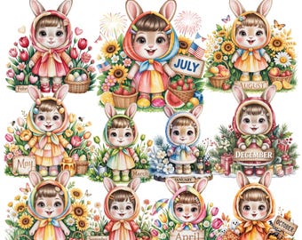 バニーガールカレンダークリップアート12 PNG | 季節のウサギプランナーステッカー | 花柄月間カレンダー