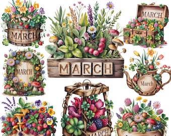 3月のカレンダークリップアート | 春の花のガーデンバスケット 15 PNG | 花のクリップアート