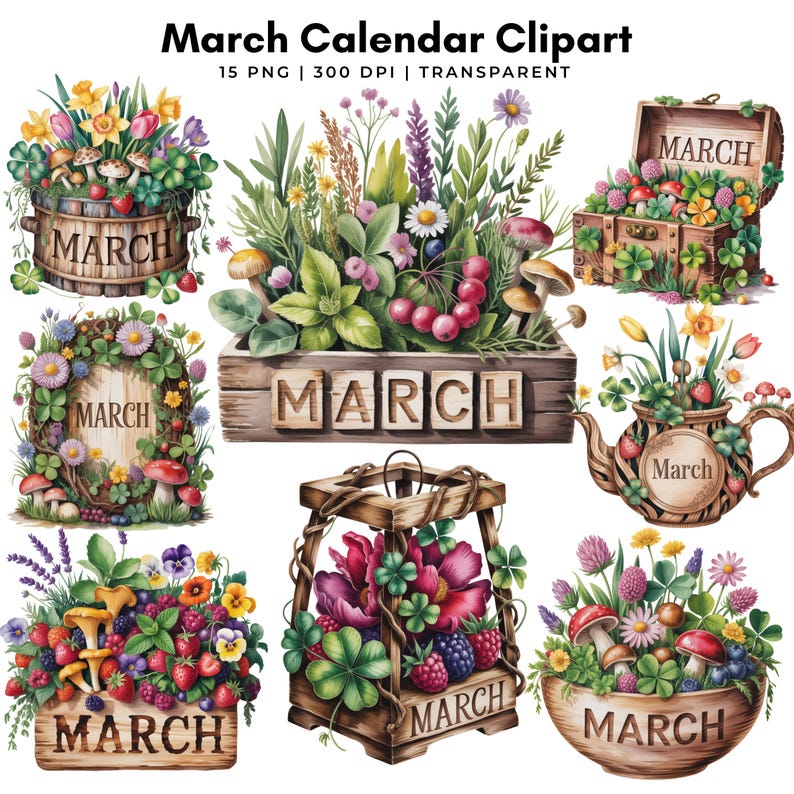 May include: Watercolor clipart set featuring various March-themed illustrations. Includes wooden containers, a teapot, and a wreath, all filled with flowers, mushrooms, berries, and the word "March". The set is transparent and suitable for various design projects.