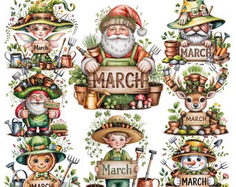 Santa Claus y sus amigos de marzo / Personajes navideños de primavera / Calendario mensual 14 PNG