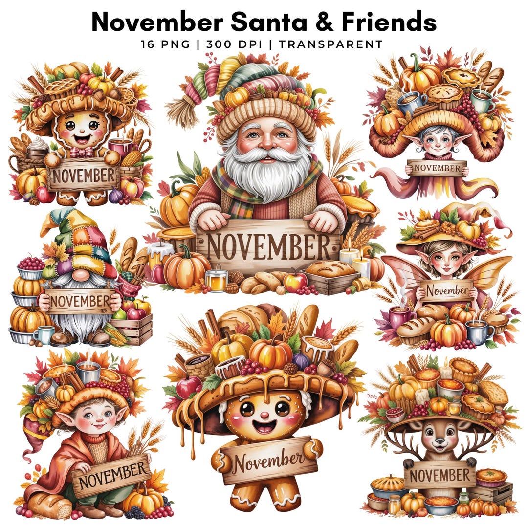 November Characters November Santa & Friends | Harvest Christmas Characters | Monthly ...