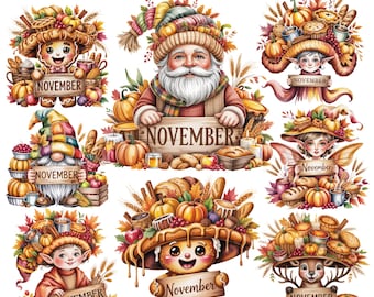 Noviembre: Santa Claus y sus amigos / Personajes navideños de la cosecha / Calendario mensual 16 PNG