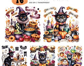 Black Cat Halloween PNG Bundle | Watercolor Spooky Decor | 16 PNG 300 DPI Transparent
