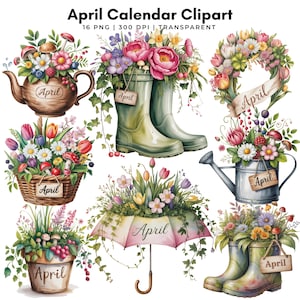 Puede incluir: Conjunto de imágenes prediseñadas de acuarela con temática primaveral. Incluye una tetera, botas de agua, una corona, una cesta, una regadera, una maceta y un paraguas, todos llenos de flores coloridas. Cada elemento tiene la palabra "April".