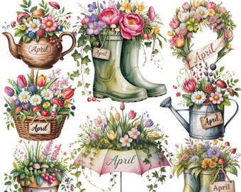 4月のカレンダークリップアート | 春の花柄ブーツ＆傘 16 PNG | ガーデンブーケ l デジタルステッカー