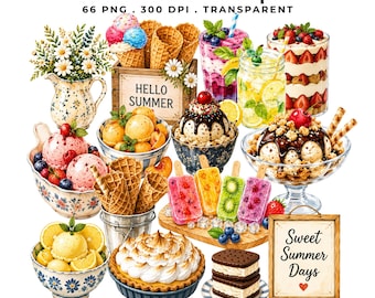 66 Summer Desserts Clipart PNG | Sweet Treats Graphics | Planner Stickers | Watercolor Sublimation Design