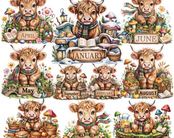 牛カレンダークリップアート 12 PNG | 赤ちゃん牛の月間カレンダー | 300 DPI 透明