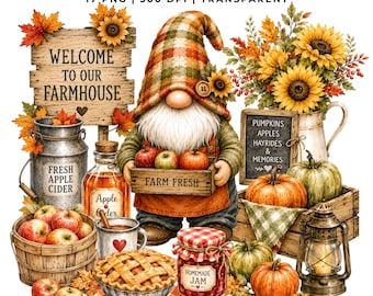 17 Fall Farmhouse Gnome Clipart | Autumn Harvest PNG | Rustic Farm, Pumpkin Sunflower, Apple Cider