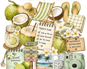 21 Coconut Limeade Clipart | Summer Tropical PNG | Beach Vacation, Coconut Drink | Digital Download