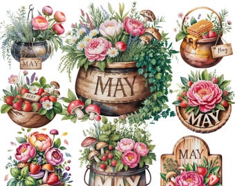 5月のカレンダークリップアート 15 PNG | 花柄の春のバケツのイラスト | 水彩画の5月の花