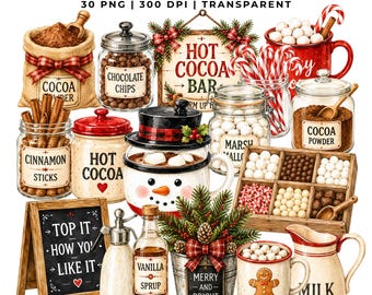 30 Hot Cocoa Bar Clipart | Christmas Chocolate PNG | Winter Holiday Watercolor Element