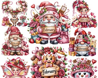 Febrero Santa y sus amigos / Personajes navideños de San Valentín / Calendario mensual 18 PNG