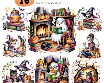 Witch's Book Club Clipart: Halloween Black Cat PNG (16 Files)