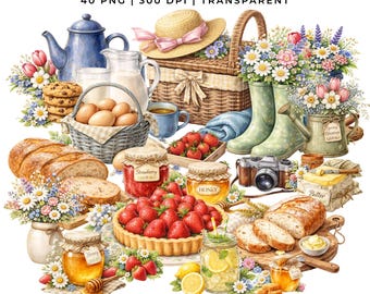 Spring Cottage core Clipart 40 PNG | Watercolor Spring , Strawberries Bread Flowers Basket | Planner Stickers