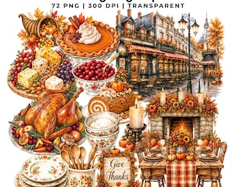 72 Thanksgiving Clipart Bundle | Fall Thanksgiving PNG | Watercolor Autumn | Pumpkin Pie Harvest