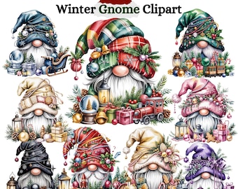 Conjunto de imágenes prediseñadas de gnomos de invierno / Gnomos navideños de diciembre 20 PNG / Pegatinas de calendario de acuarela pastel