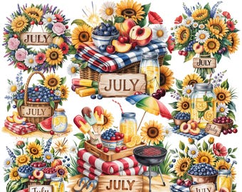 7月のカレンダークリップアート20 PNG | 夏のピクニック、ひまわり | プランナーステッカー