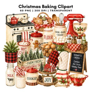 60 Christmas Baking Clipart | Watercolor Xmas Kitchen PNG | Holiday Baking, Gingerbread