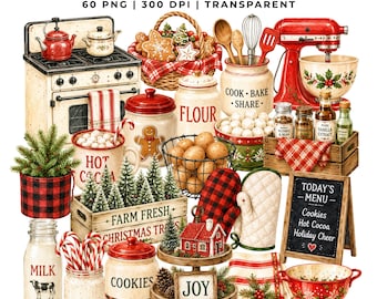 60 Christmas Baking Clipart | Watercolor Xmas Kitchen PNG | Holiday Baking, Gingerbread