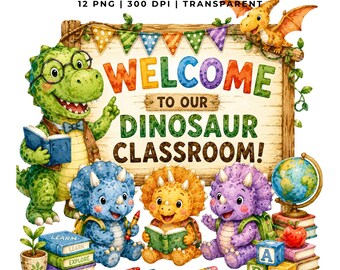 25 Dinosaur Classroom Clipart | Back to School PNG | Teacher Decor | Planner Stickers