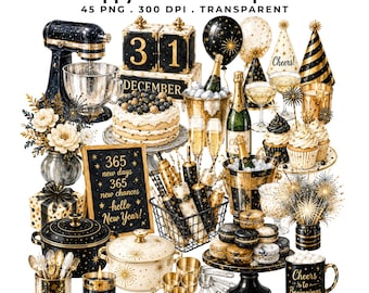 2027 New Year Clipart 45 PNG | Black Gold Party Elements | Digital Download