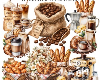居心地の良いコーヒーとベーカリーのクリップアート30 PNG | コーヒー好き、クロワッサンパン | プランナーステッカー