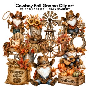 Può includere: Una collezione di illustrazioni digitali con gnomi che indossano cappelli da cowboy, girasoli, un mulino a vento, una ruota di carro in legno, una sedia rustica, un annaffiatoio in metallo, un sacco con la scritta PUMPKIN SEEDS e una cassa in legno con la scritta PUMPKINS.