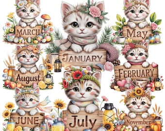 Floral Kitten Months 24 PNG | Cat Monthly PNG | Seasonal Flower Kitty Clipart | Digital Stickers