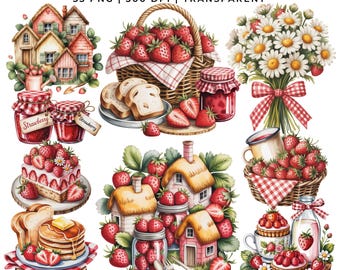 イチゴの収穫クリップアート 35 PNG | コテージ風イチゴデザート、ジャム、バスケット | プランナーステッカー