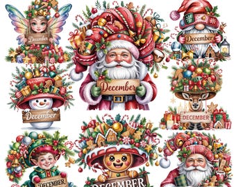 Diciembre Santa y sus amigos / Personajes navideños / Calendario mensual 15 PNG