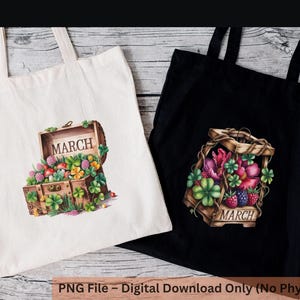 May include: Two tote bags, one white and one black, with watercolor illustrations. The white bag features a wooden chest overflowing with flowers and clovers, with the word "MARCH" on it. The black bag shows a basket of flowers and berries.