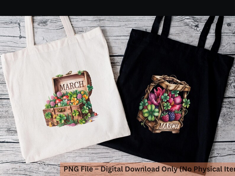 May include: Two tote bags, one white and one black, with watercolor illustrations. The white bag features a wooden chest overflowing with flowers and clovers, with the word "MARCH" on it. The black bag shows a basket of flowers and berries.