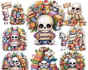 Clipart de calavera de enero 20 PNG / Ilustración de esqueleto de invierno / Decoración acogedora de enero / 300 DPI