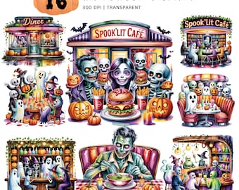 Halloween Diner Party Watercolor Art Print | Zombie Skeleton Ghost Eating Burger | 16 PNG